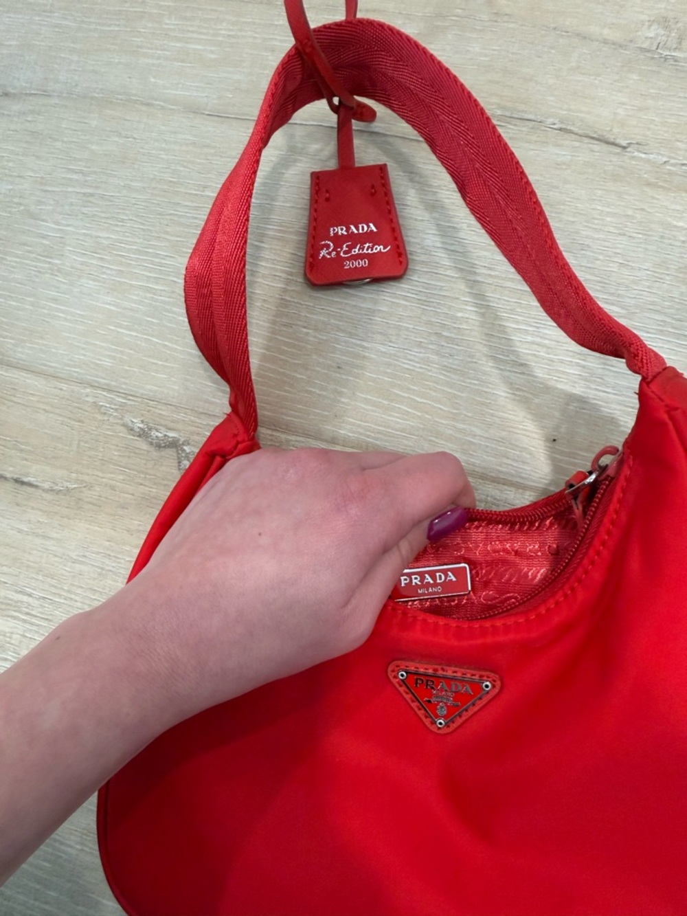 Prada Red Nylon Shoulder Bag with Triangular Logo - Picture 3 of 3